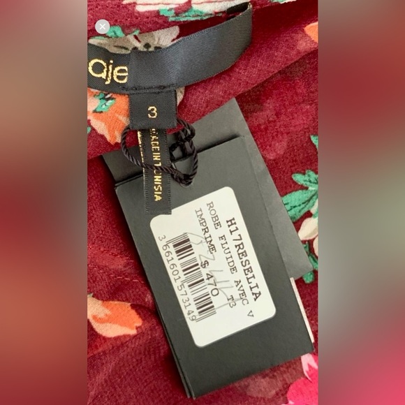 Maje Reselia Burgundy Sheer Floral Chiffon Ruffle Midi Self Tie Wrap Dress - Picture 12 of 12